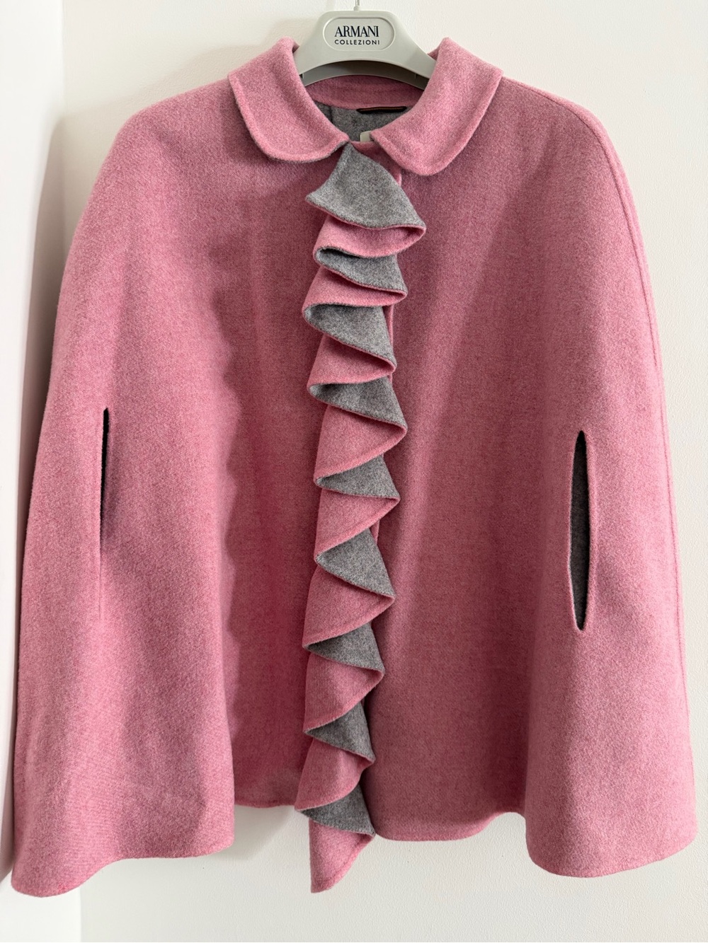 Fendi Pink Wool Cape with Contrasting Gray Ruffle Trim